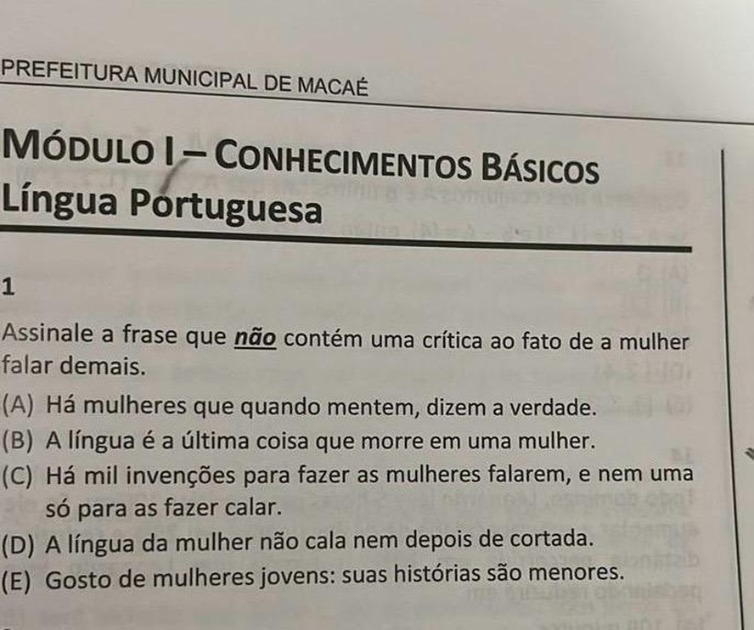 em-macae,-questao-de-concurso-e-anulada-por-conteudo-machista:-‘mulher-fala-demais’