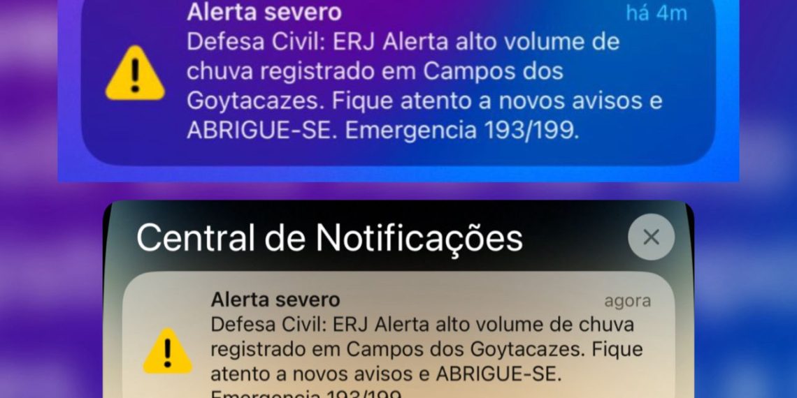 Celulares recebem notificações e Defesa Civil emite alerta severo de chuva para Campos 