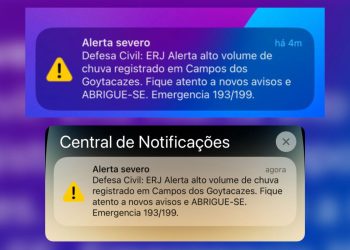 Celulares recebem notificações e Defesa Civil emite alerta severo de chuva para Campos 